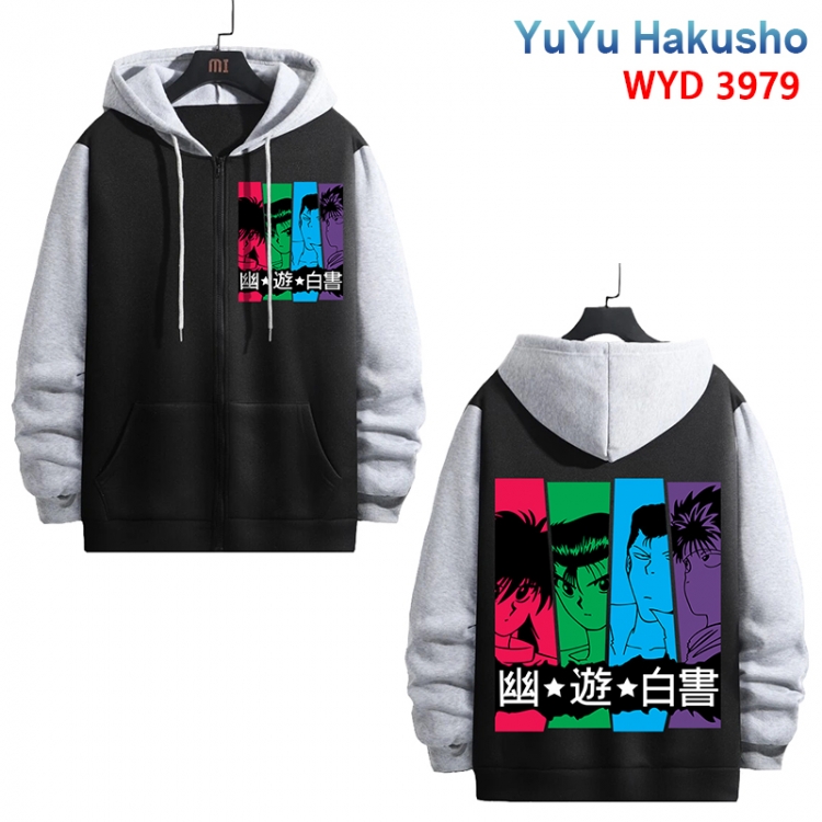 YuYu Hakusho Anime black contrast gray pure cotton zipper patch pocket sweater from S to 3XL
