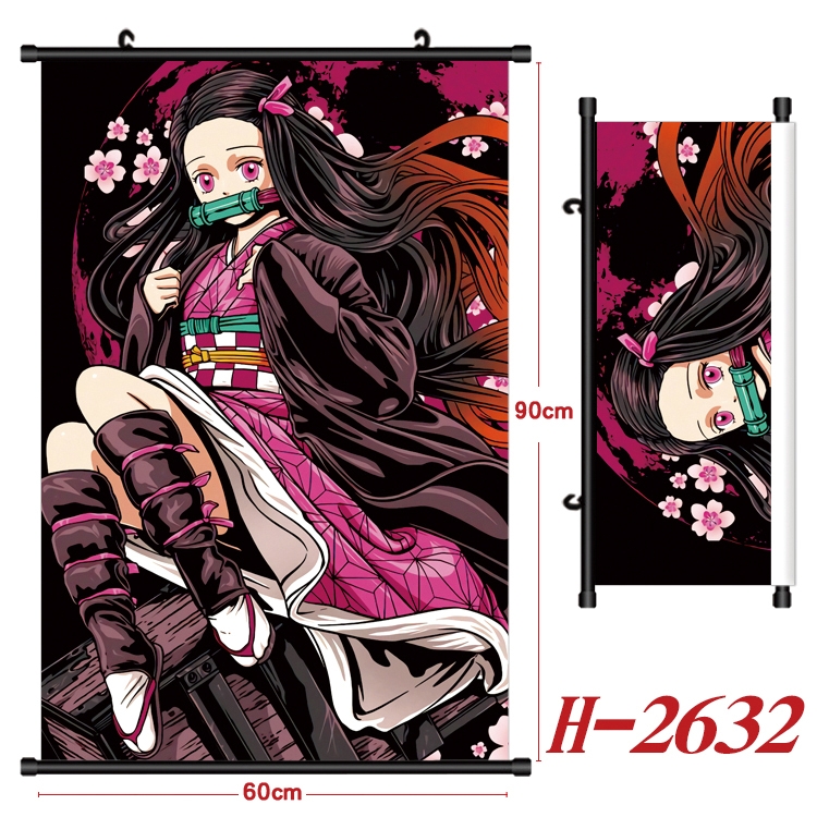 Demon Slayer Kimets Anime Black Plastic Rod Canvas Painting Wall Scroll 60X90CM H-2632