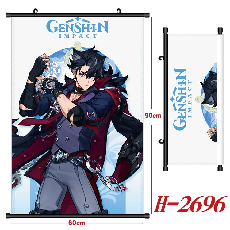 Genshin Impact Anime Black Plastic Rod Canvas Painting Wall Scroll 60X90CM