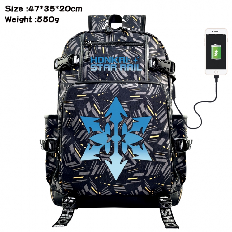 Honkai: Star Rail Anime data cable camouflage print USB backpack schoolbag 47x35x20cm