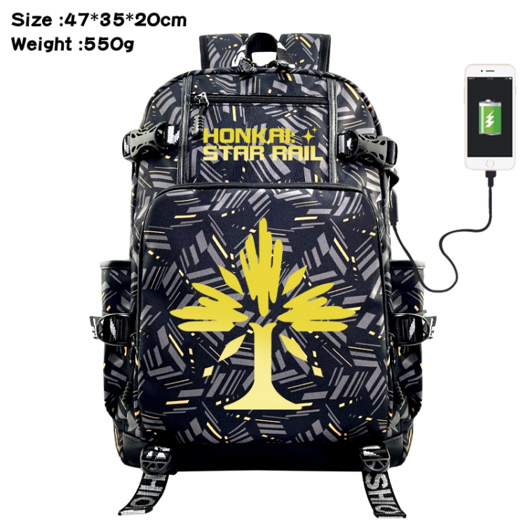 Honkai: Star Rail Anime data cable camouflage print USB backpack schoolbag 47x35x20cm