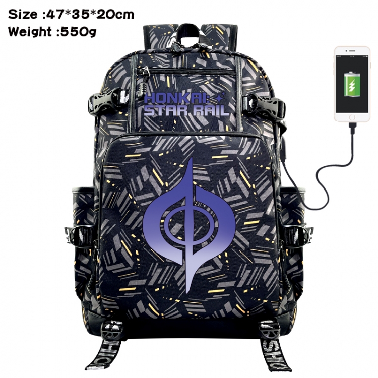 Honkai: Star Rail Anime data cable camouflage print USB backpack schoolbag 47x35x20cm