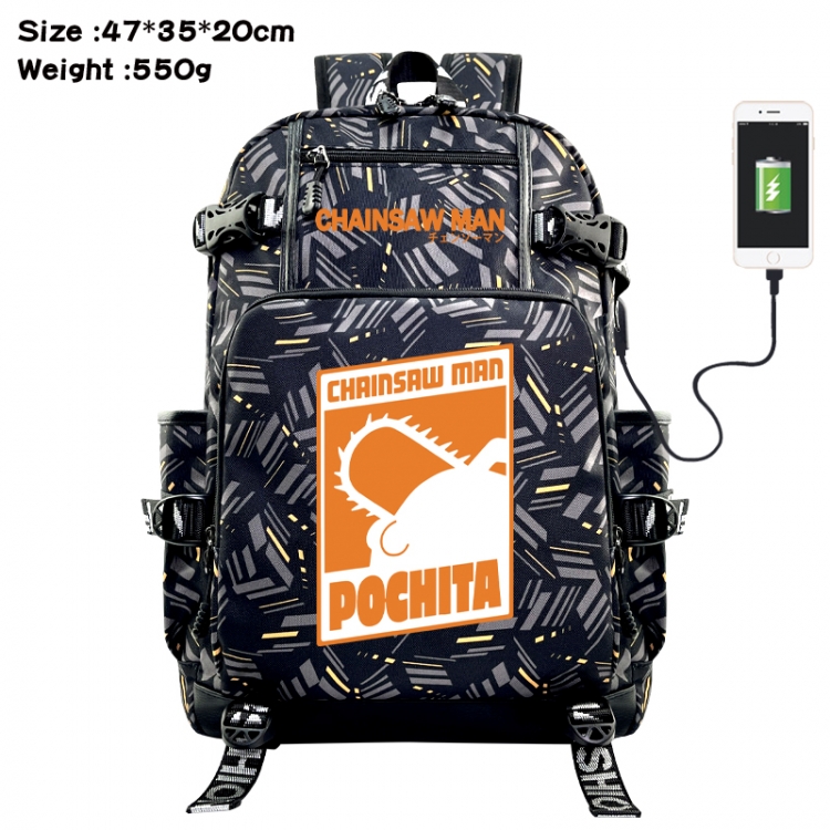 Chainsawman Anime data cable camouflage print USB backpack schoolbag 47x35x20cm