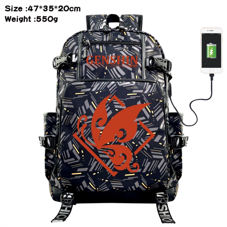 Genshin Impact Anime data cable camouflage print USB backpack schoolbag 47x35x20cm