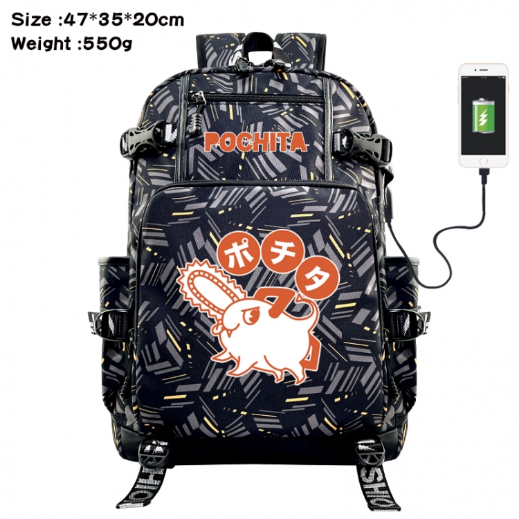 Chainsawman Anime data cable camouflage print USB backpack schoolbag 47x35x20cm
