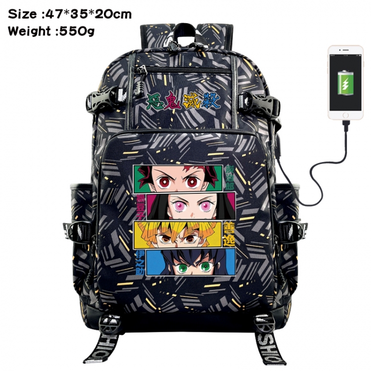 Demon Slayer Kimets Anime data cable camouflage print USB backpack schoolbag 47x35x20cm