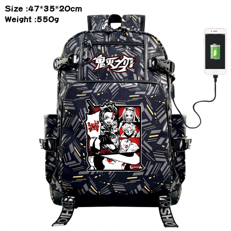 Demon Slayer Kimets Anime data cable camouflage print USB backpack schoolbag 47x35x20cm
