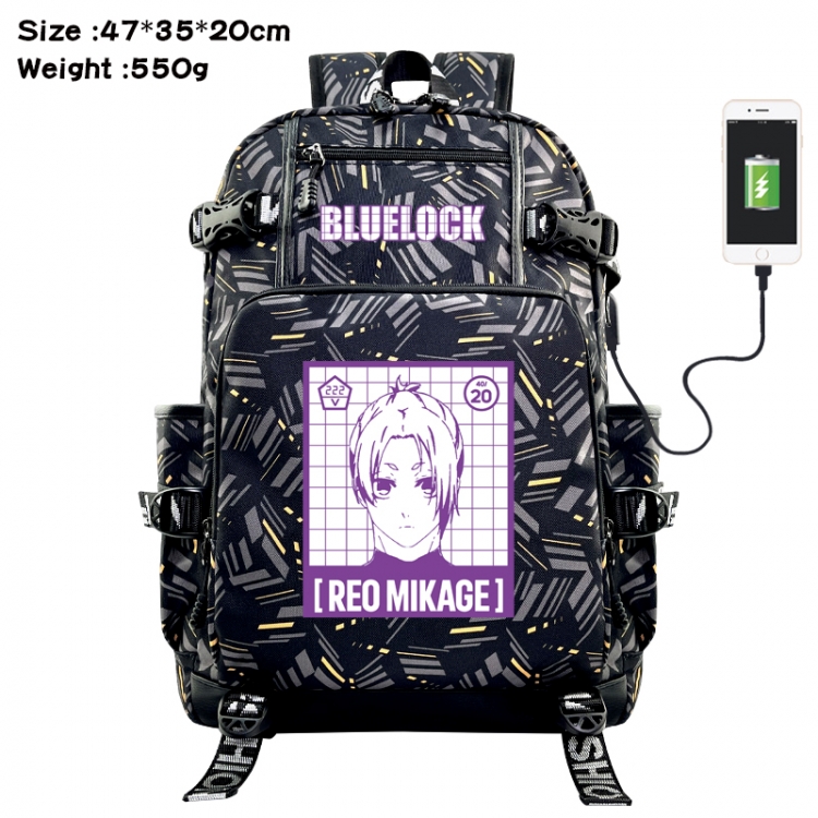 BLUE LOCK Anime data cable camouflage print USB backpack schoolbag 47x35x20cm