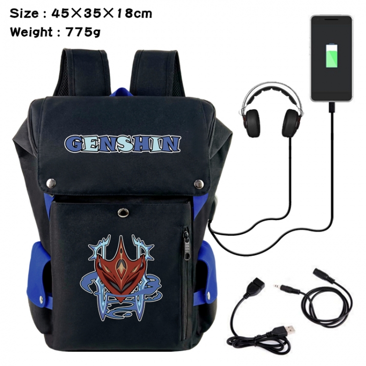 Genshin Impact Anime Canvas Bucket Data Cable Backpack School Bag 45X35X18CM 775G