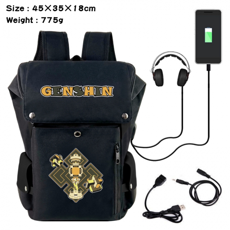 Genshin Impact Anime Canvas Bucket Data Cable Backpack School Bag 45X35X18CM 775G