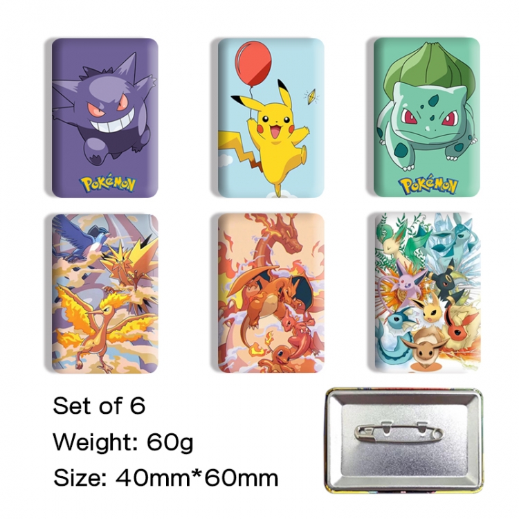 Pokemon Anime square tinplate badge chest badge 40X60CM a set of 6