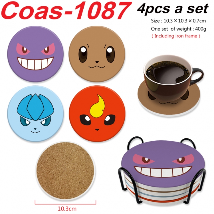 Pokemon Anime peripheral circular coaster UV printed ceramic cork insulation pad a set of 4