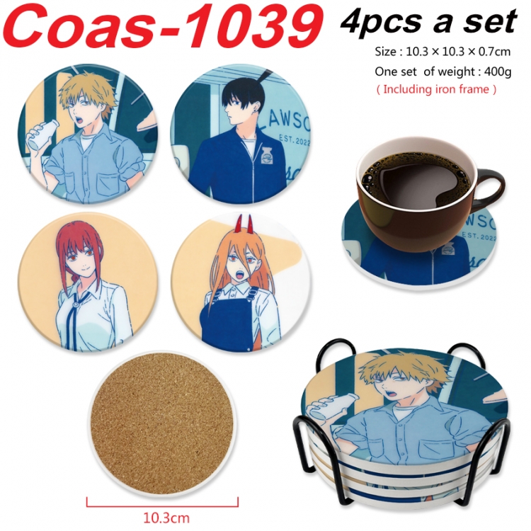 Chainsaw man Anime peripheral circular coaster UV printed ceramic cork insulation pad a set of 4