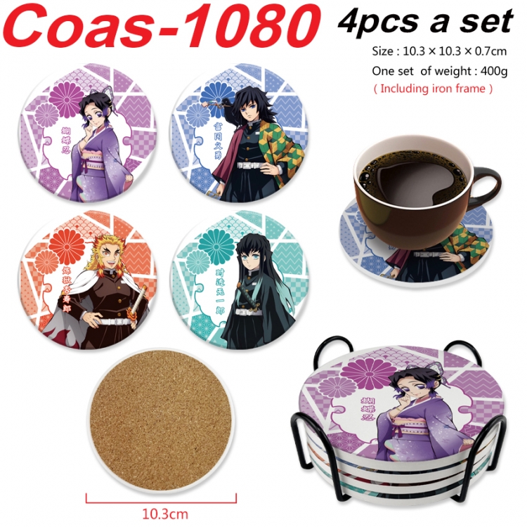 Demon Slayer Kimets Anime peripheral circular coaster UV printed ceramic cork insulation pad a set of 4