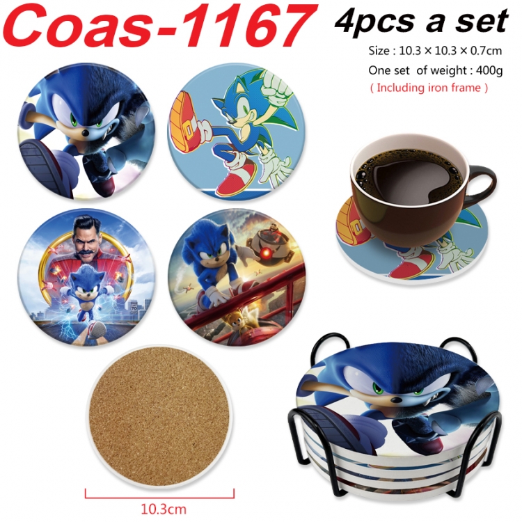 Sonic The Hedgehog Anime peripheral circular coaster UV printed ceramic cork insulation pad a set of 4