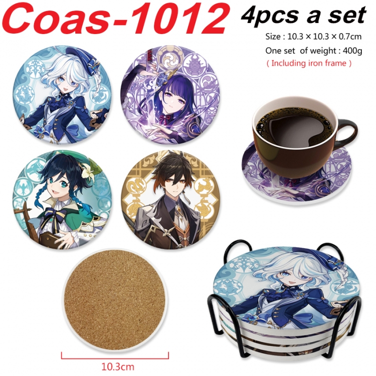 Genshin Impact Anime peripheral circular coaster UV printed ceramic cork insulation pad a set of 4 