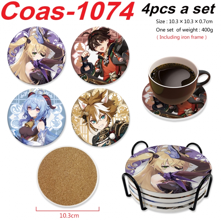 Genshin Impact Anime peripheral circular coaster UV printed ceramic cork insulation pad a set of 4 