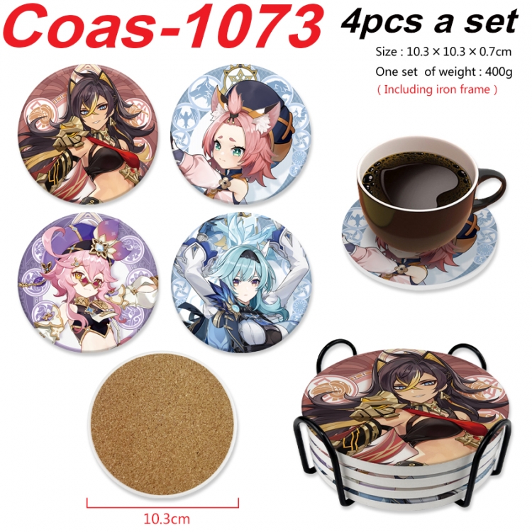 Genshin Impact Anime peripheral circular coaster UV printed ceramic cork insulation pad a set of 4 