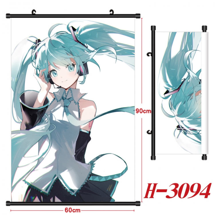 Hatsune Miku Anime Black Plastic Rod Canvas Painting Wall Scroll 60X90CM