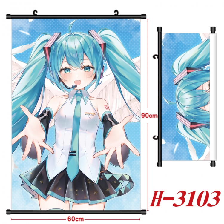 Hatsune Miku Anime Black Plastic Rod Canvas Painting Wall Scroll 60X90CM