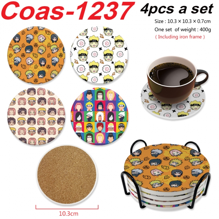 Naruto Anime peripheral circular coaster UV printed ceramic cork insulation pad a set of 4 