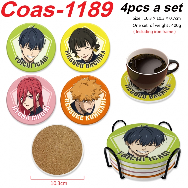 BLUE LOCK Anime peripheral circular coaster UV printed ceramic cork insulation pad a set of 4 