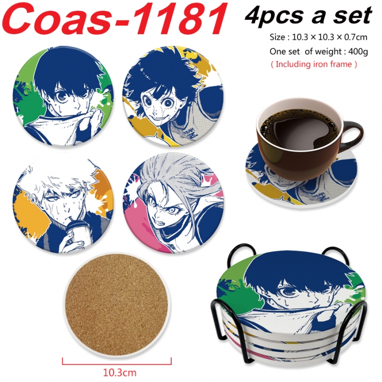 BLUE LOCK Anime peripheral circular coaster UV printed ceramic cork insulation pad a set of 4 