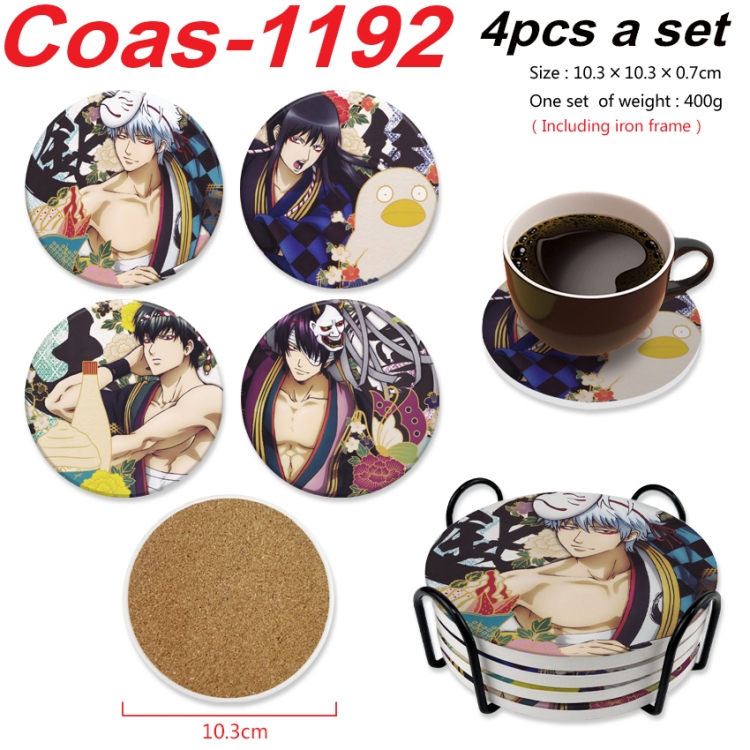 Gintama Anime peripheral circular coaster UV printed ceramic cork insulation pad a set of 4 