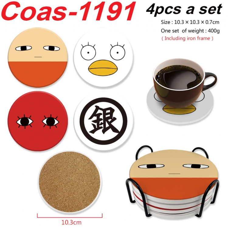 Gintama Anime peripheral circular coaster UV printed ceramic cork insulation pad a set of 4 