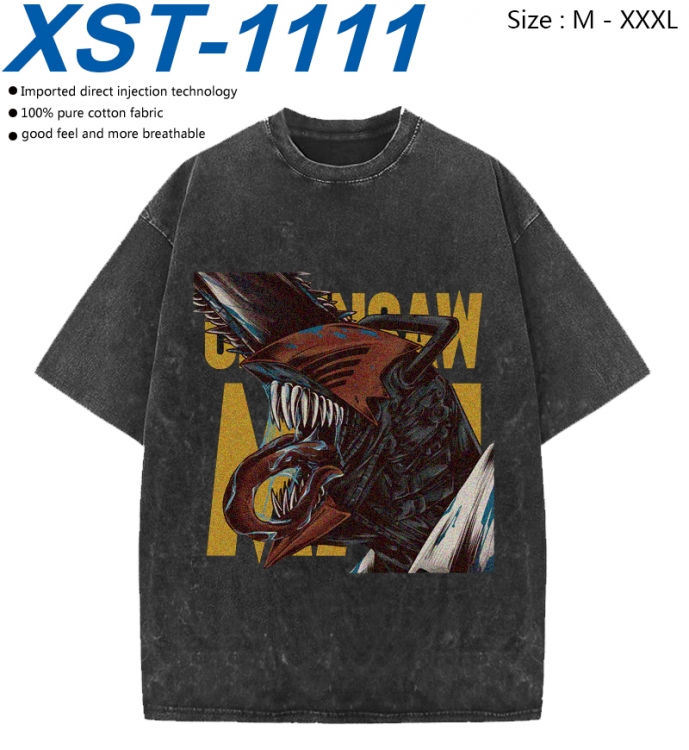 Chainsaw man Cotton direct spray color print washed denim T-shirt 250g from M to 3XL