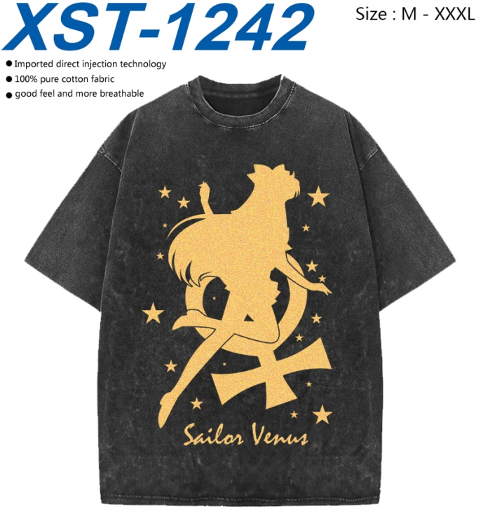 sailormoon Cotton direct spray color print washed denim T-shirt 250g from M to 3XL