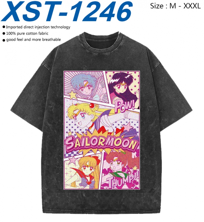 sailormoon Cotton direct spray color print washed denim T-shirt 250g from M to 3XL