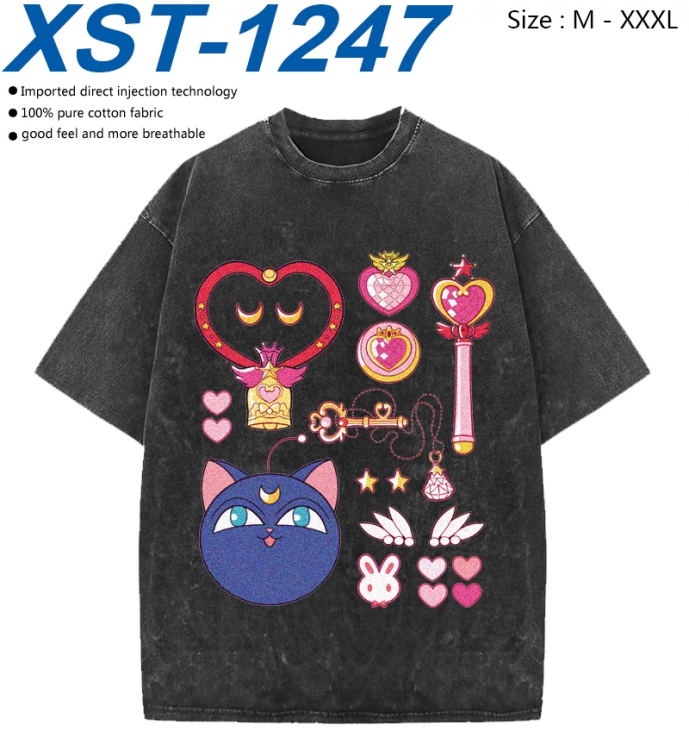 sailormoon Cotton direct spray color print washed denim T-shirt 250g from M to 3XL