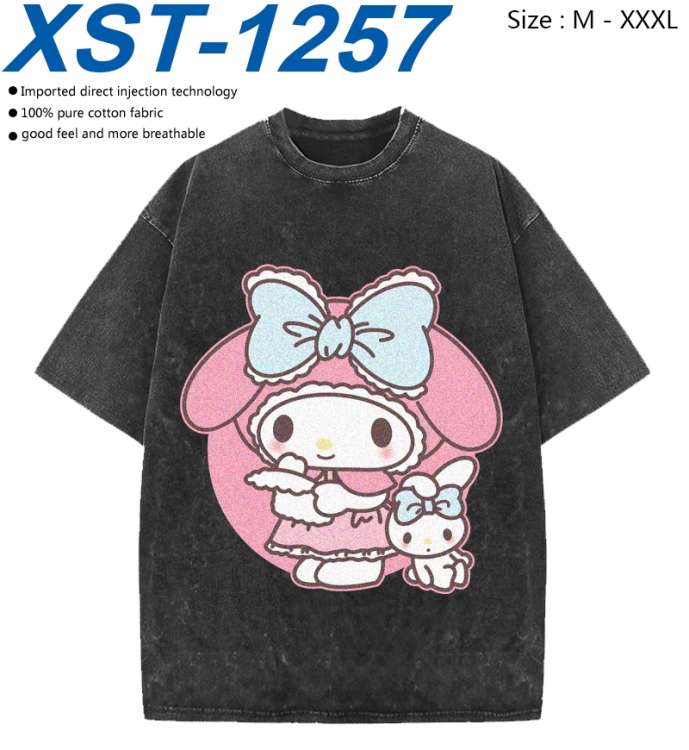 sanrio Cotton direct spray color print washed denim T-shirt 250g from M to 3XL