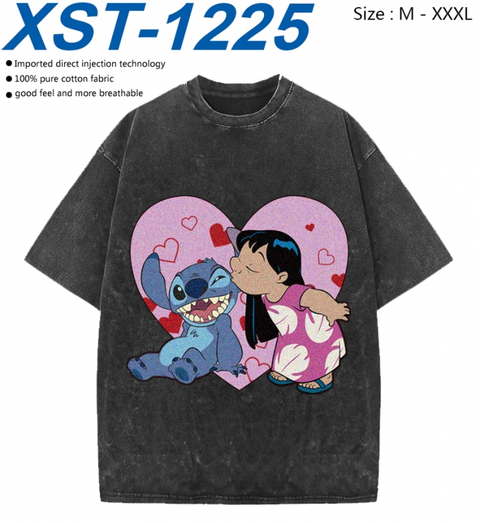 Lilo & Stitch Cotton direct spray color print washed denim T-shirt 250g from M to 3XL