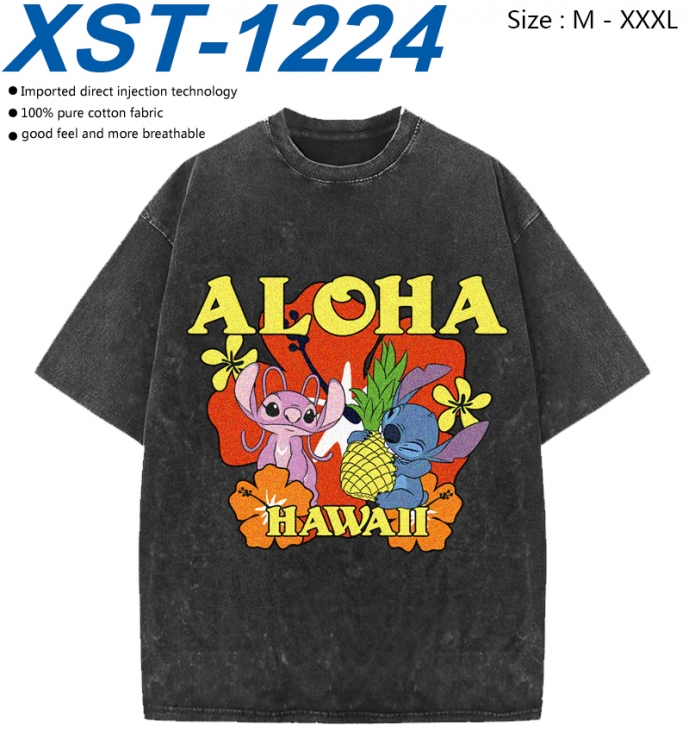Lilo & Stitch Cotton direct spray color print washed denim T-shirt 250g from M to 3XL
