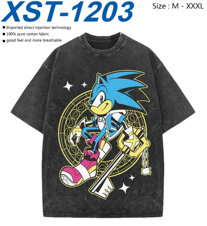 Sonic The Hedgehog Cotton direct spray color print washed denim T-shirt 250g from M to 3XL