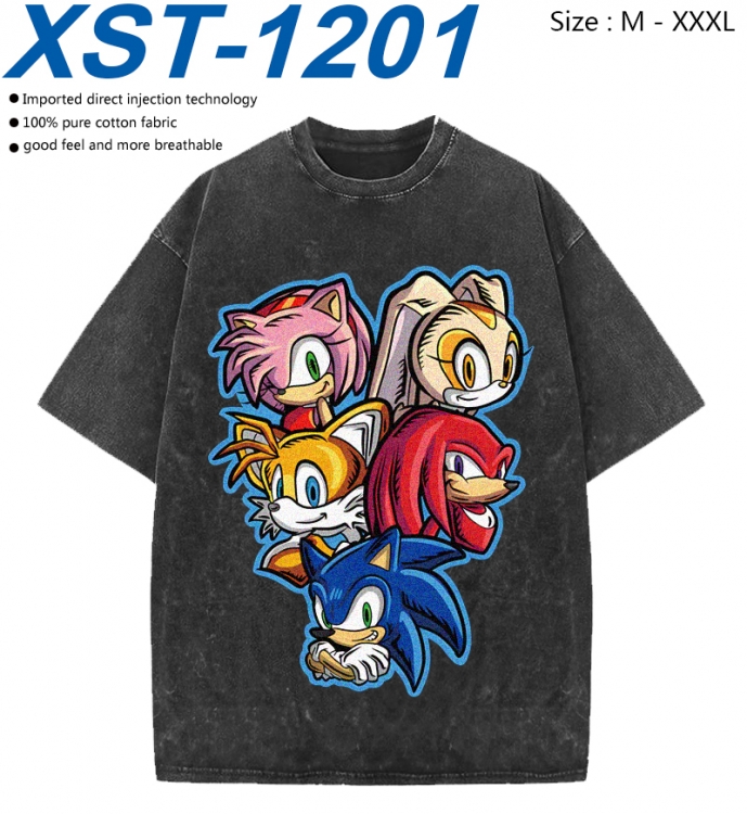 Sonic The Hedgehog Cotton direct spray color print washed denim T-shirt 250g from M to 3XL