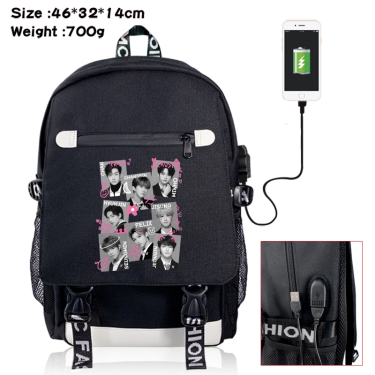 straykids canvas USB backpack cartoon print student backpack 46X32X14CM 700g 