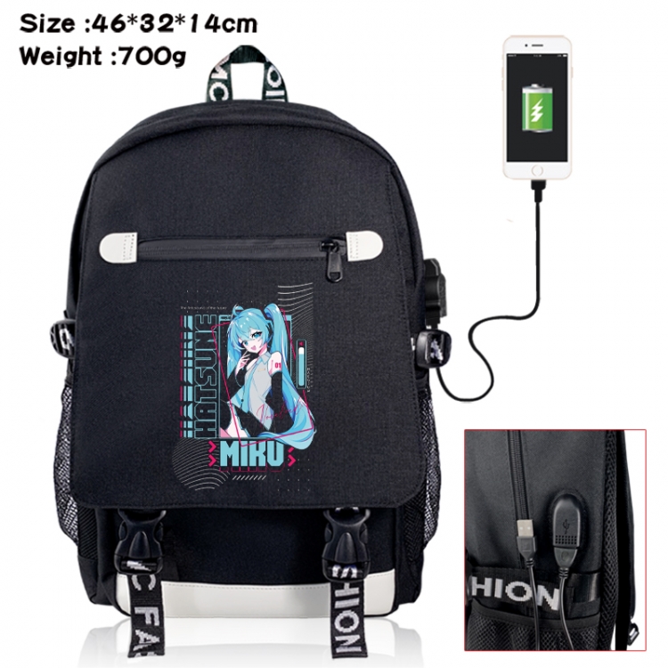 Hatsune Miku canvas USB backpack cartoon print student backpack 46X32X14CM 700g 