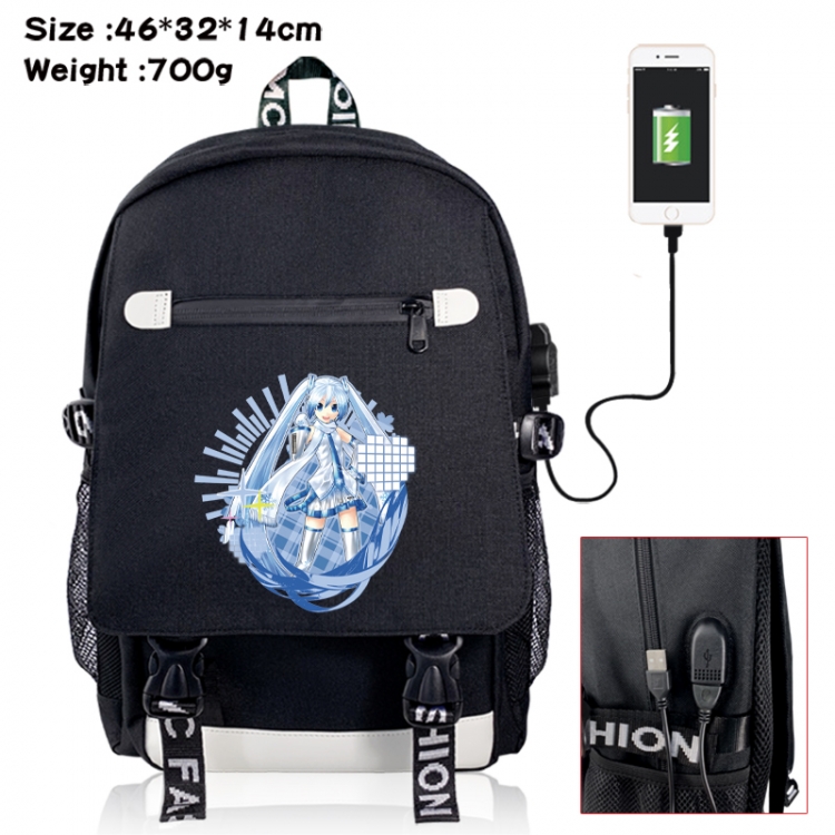 Hatsune Miku canvas USB backpack cartoon print student backpack 46X32X14CM 700g 