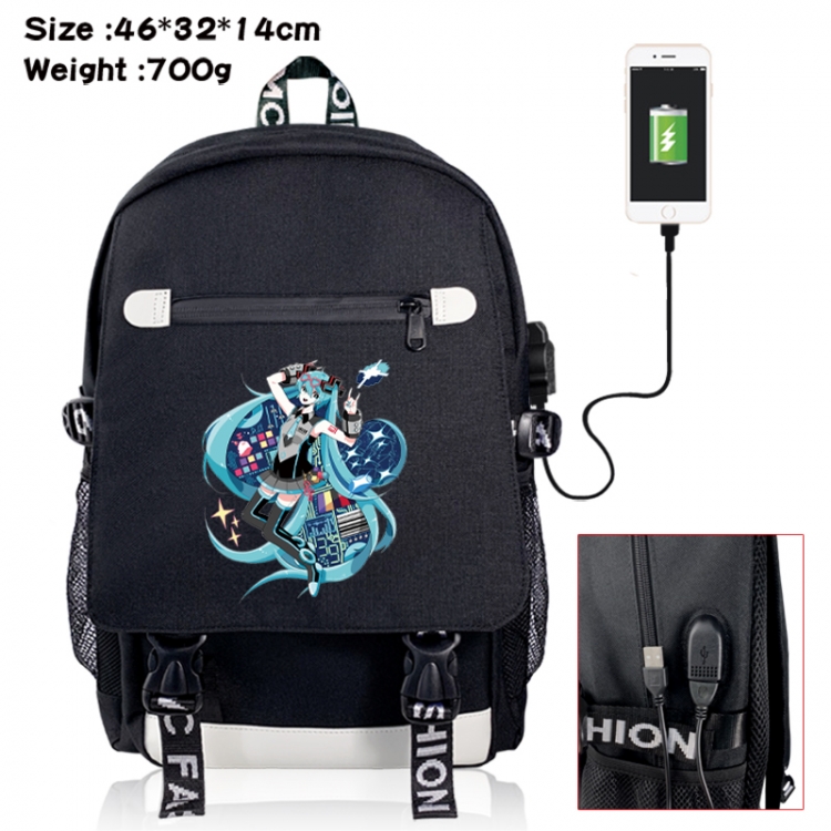 Hatsune Miku canvas USB backpack cartoon print student backpack 46X32X14CM 700g 