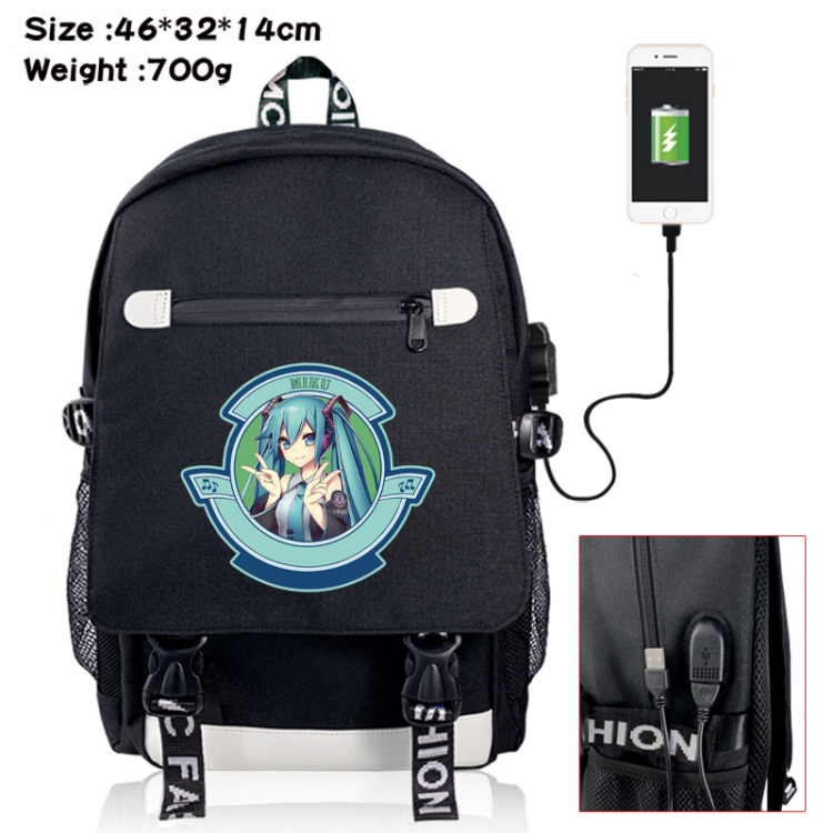 Hatsune Miku canvas USB backpack cartoon print student backpack 46X32X14CM 700g 