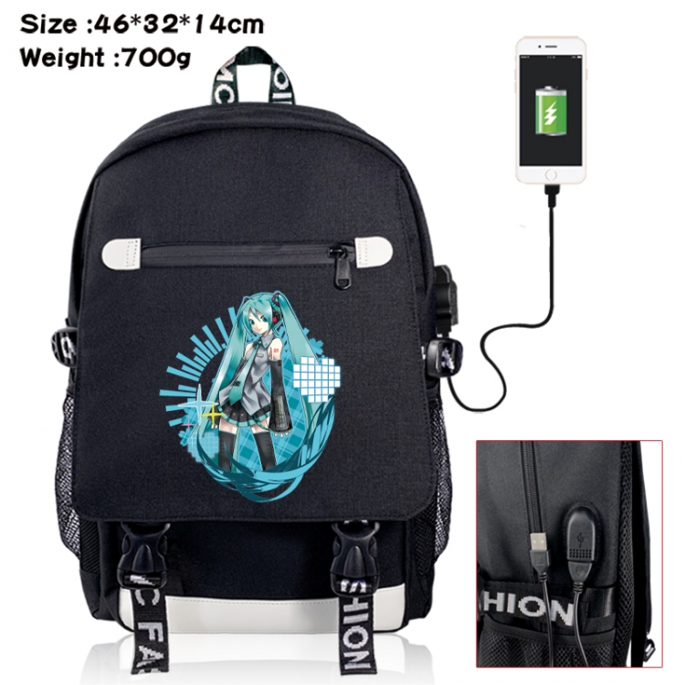 Hatsune Miku canvas USB backpack cartoon print student backpack 46X32X14CM 700g 