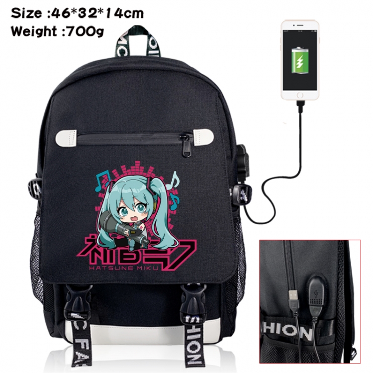 Hatsune Miku canvas USB backpack cartoon print student backpack 46X32X14CM 700g 