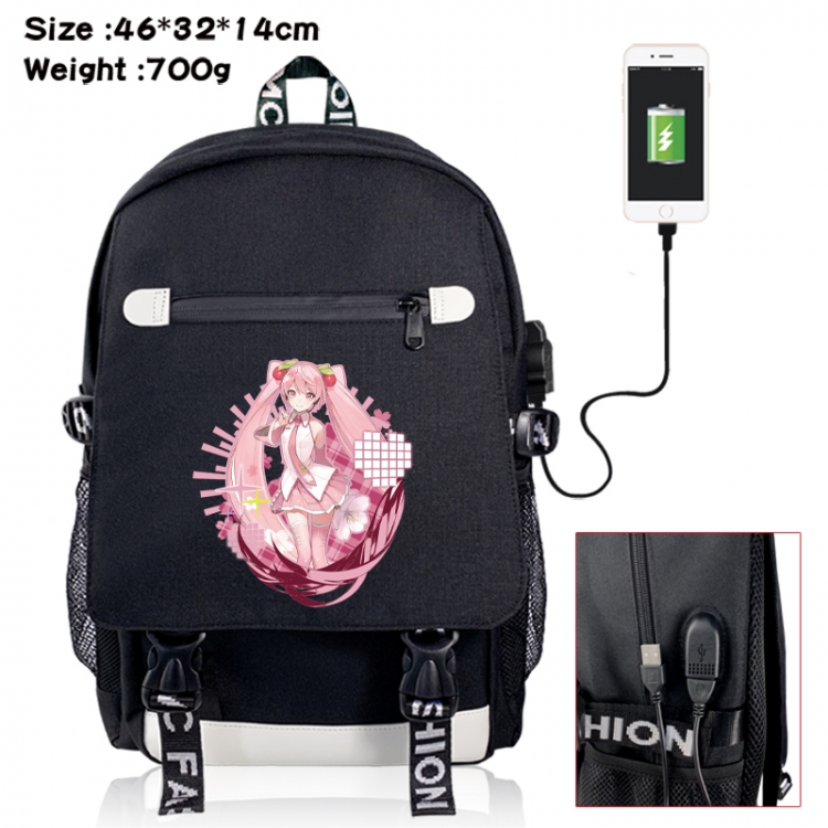 Hatsune Miku canvas USB backpack cartoon print student backpack 46X32X14CM 700g 