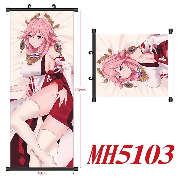 Genshin Impact Anime black Plastic rod Cloth painting Wall Scroll 40X102CM