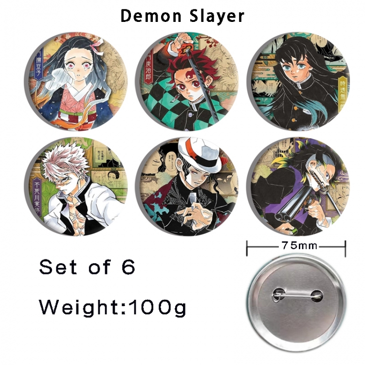 Demon Slayer Kimets Anime Tinplate Bright Film Emblem Badge 75mm a set of 6