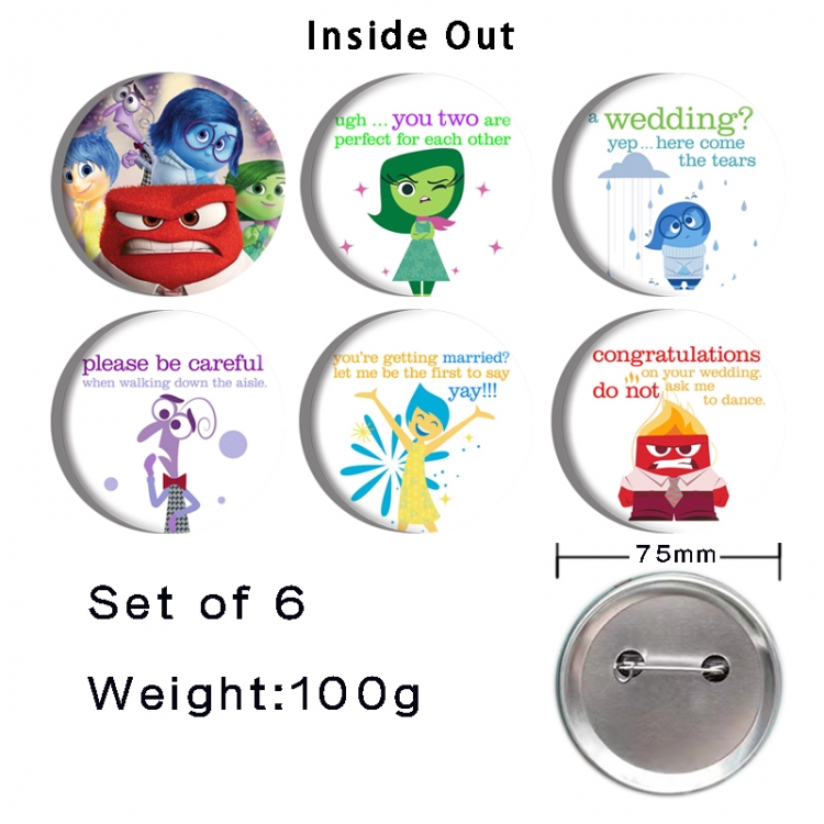 Inside Out  Anime Tinplate Bright Film Emblem Badge 75mm a set of 6