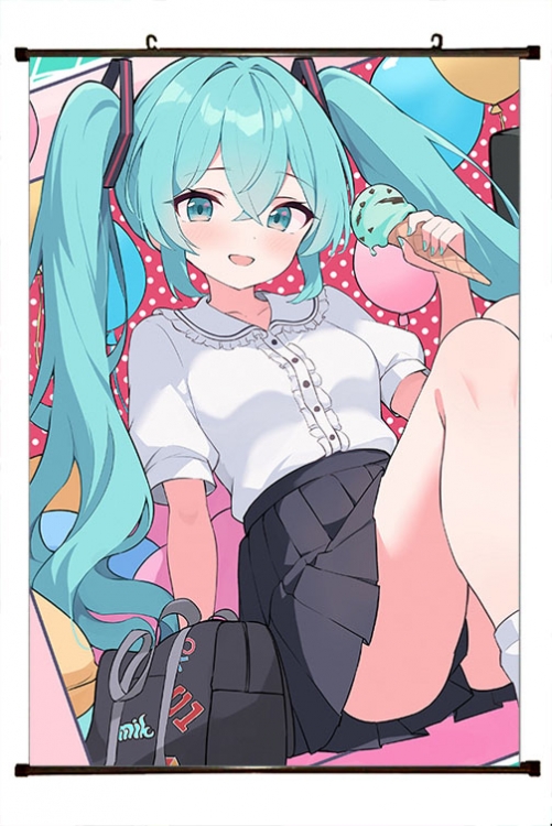 Hatsune Miku Anime black Plastic rod Cloth painting Wall Scroll 60X90CM C3-118